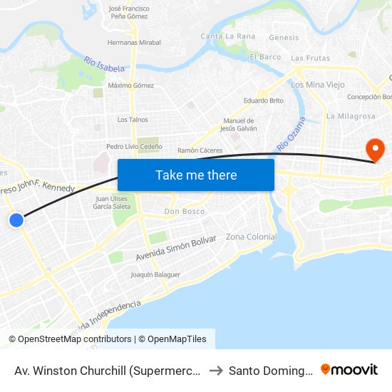 Av. Winston Churchill (Supermercados Bravo) to Santo Domingo Este map