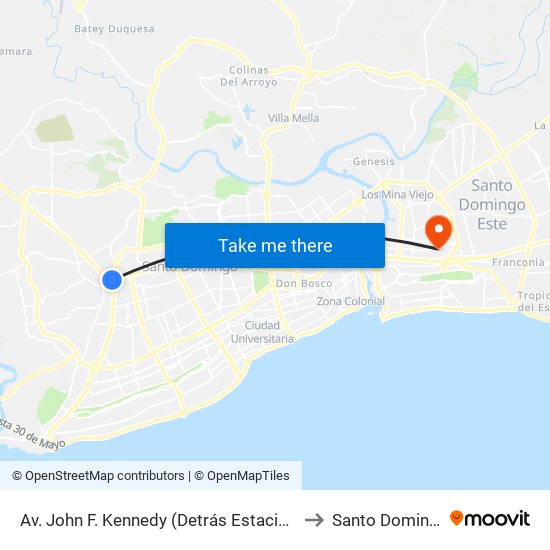 Av. John F. Kennedy (Detrás Estación María Montez) to Santo Domingo Este map