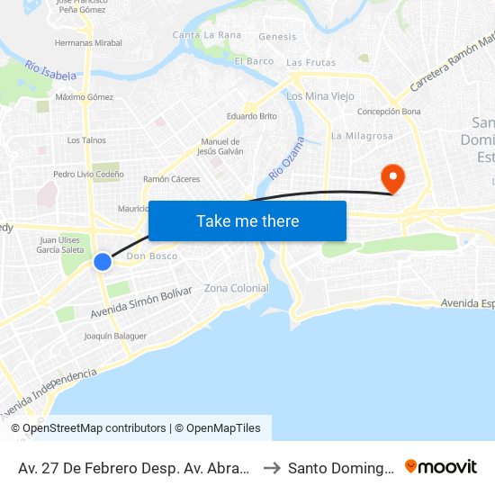 Av. 27 De Febrero Desp. Av. Abraham Lincoln to Santo Domingo Este map