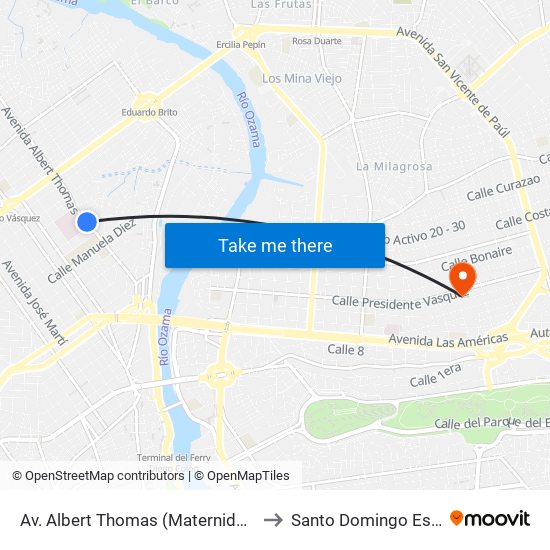 Av. Albert Thomas (Maternidad) to Santo Domingo Este map