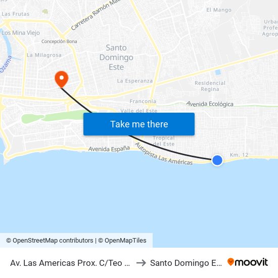 Av. Las Americas  Prox. C/Teo Cruz to Santo Domingo Este map