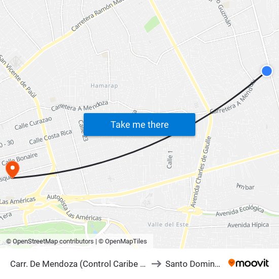 Carr. De Mendoza (Control Caribe Tours Urbano) to Santo Domingo Este map