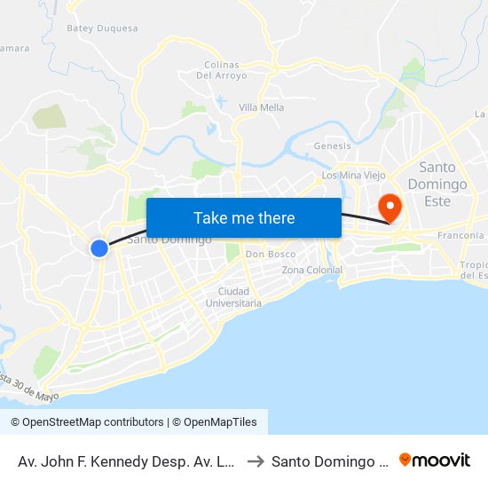 Av. John F. Kennedy Desp. Av. Luperón to Santo Domingo Este map
