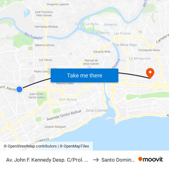 Av. John F. Kennedy Desp. C/Prol. Siervas De María to Santo Domingo Este map