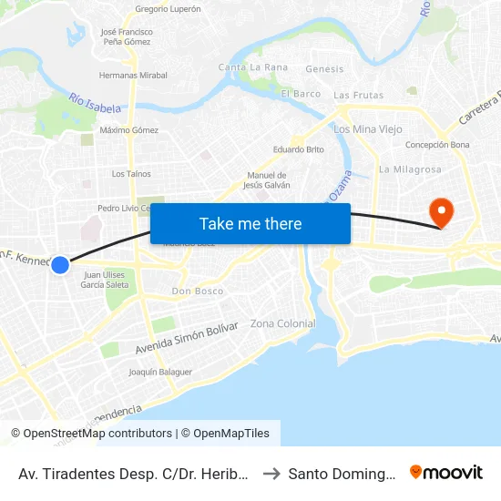 Av. Tiradentes Desp. C/Dr. Heriberto Pieter to Santo Domingo Este map