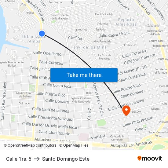 Calle 1ra, 5 to Santo Domingo Este map