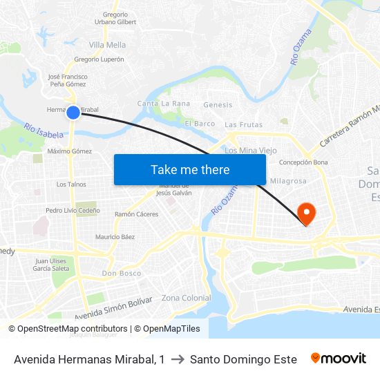 Avenida Hermanas Mirabal, 1 to Santo Domingo Este map