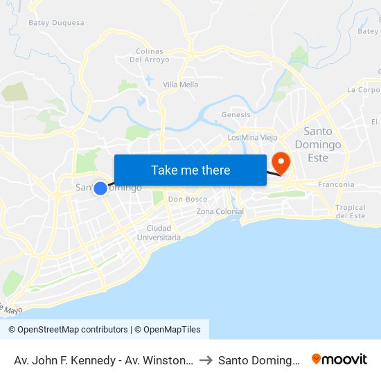 Av. John F. Kennedy - Av. Winston Churchill to Santo Domingo Este map
