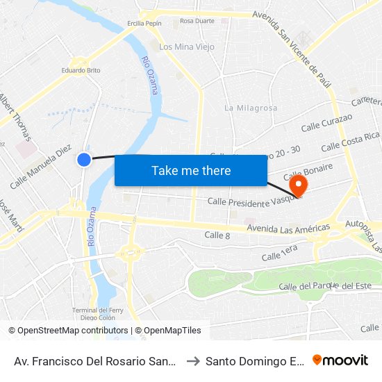 Av. Francisco Del Rosario Sanchez to Santo Domingo Este map