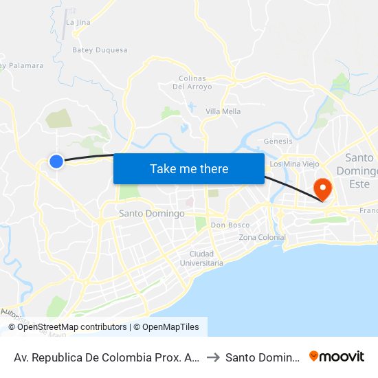 Av. Republica De Colombia Prox. Av. Monumental to Santo Domingo Este map