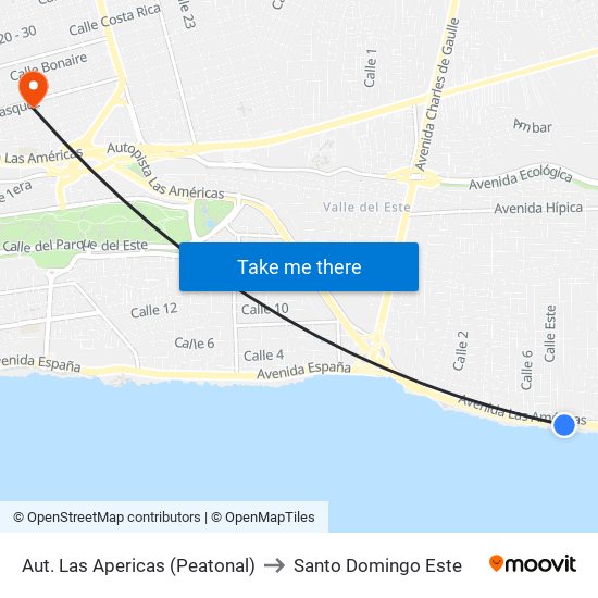Aut. Las Apericas (Peatonal) to Santo Domingo Este map