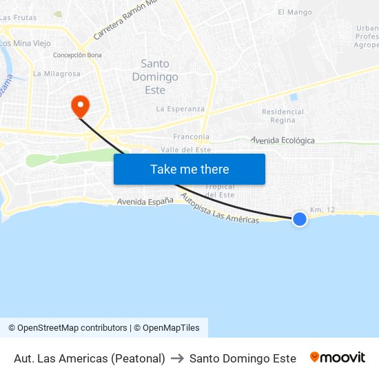 Aut. Las Americas (Peatonal) to Santo Domingo Este map