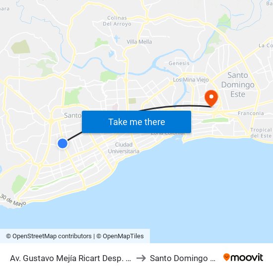 Av. Gustavo Mejía Ricart Desp. Int. A to Santo Domingo Este map