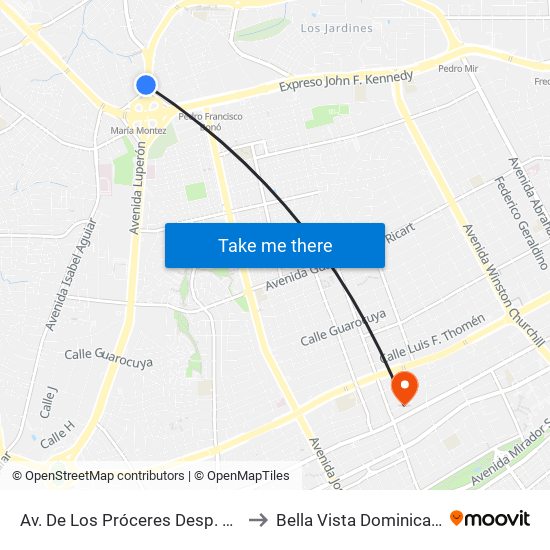 Av. De Los Próceres Desp. Resp. Luperon to Bella Vista Dominican Republic map