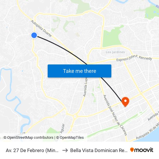 Av. 27 De Febrero (Minecom) to Bella Vista Dominican Republic map