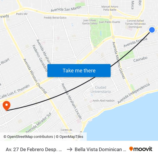 Av. 27 De Febrero Desp. C/Jaragua to Bella Vista Dominican Republic map