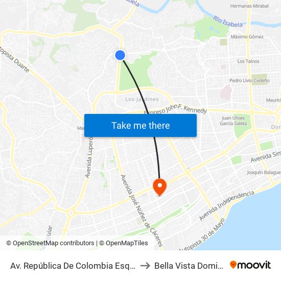 Av. República De Colombia Esq. Av. Carlos Perez Ricart to Bella Vista Dominican Republic map