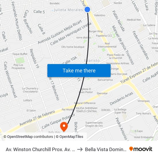 Av. Winston Churchill Prox. Av. Gustavo Mejia Ricart to Bella Vista Dominican Republic map