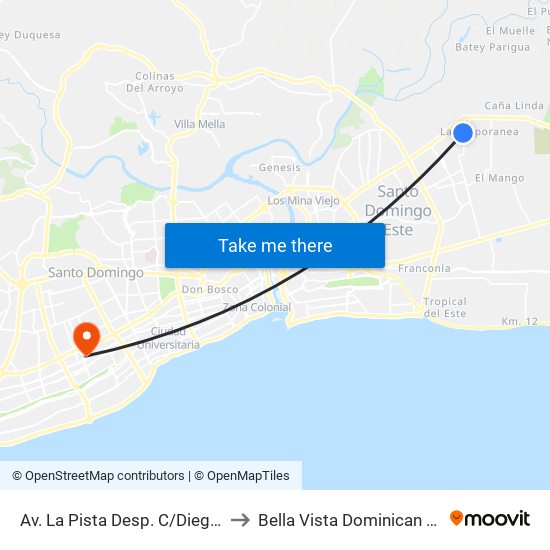 Av. La Pista Desp. C/Diego Tristan to Bella Vista Dominican Republic map