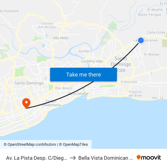Av. La Pista Desp. C/Diego Tristan to Bella Vista Dominican Republic map