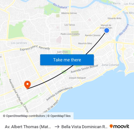 Av. Albert Thomas (Maternidad) to Bella Vista Dominican Republic map