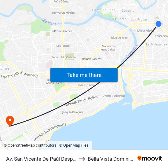 Av. San Vicente De Paúl Desp. Av. 4 De Agosto to Bella Vista Dominican Republic map