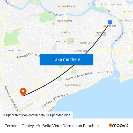 Terminal Gualey to Bella Vista Dominican Republic map