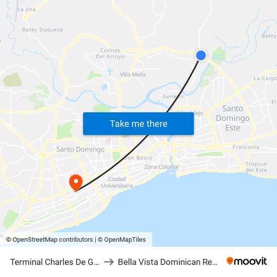 Terminal Charles De Gaulle to Bella Vista Dominican Republic map