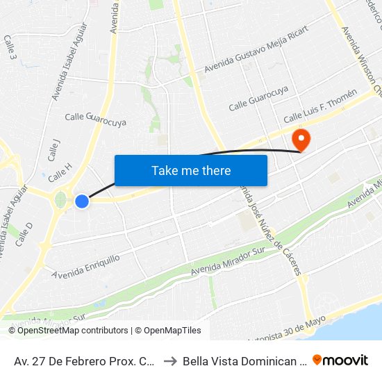 Av. 27 De Febrero Prox. C/San Pio X to Bella Vista Dominican Republic map