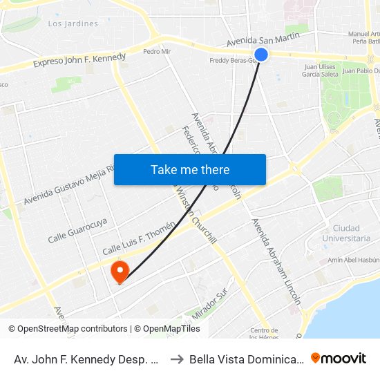 Av. John F. Kennedy Desp. Av. Tiradentes to Bella Vista Dominican Republic map