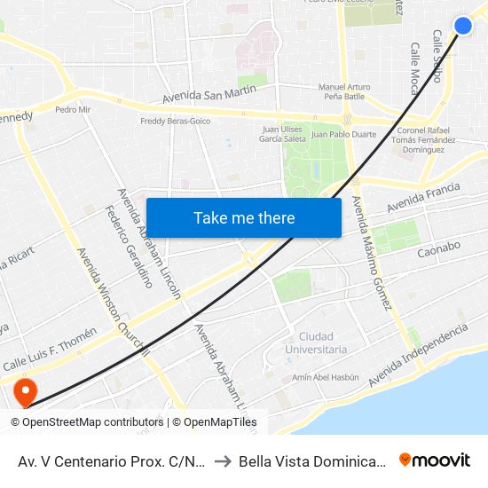 Av. V Centenario Prox. C/Núñez Fabian to Bella Vista Dominican Republic map