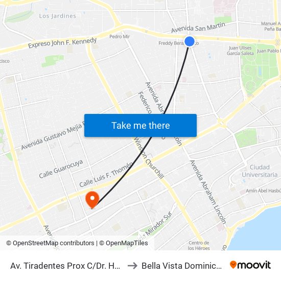 Av. Tiradentes Prox C/Dr. Heriberto Pieter to Bella Vista Dominican Republic map