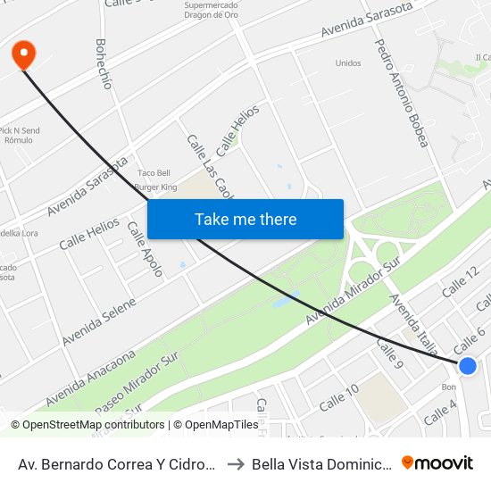 Av. Bernardo Correa Y Cidron Prox. Av. Italia to Bella Vista Dominican Republic map