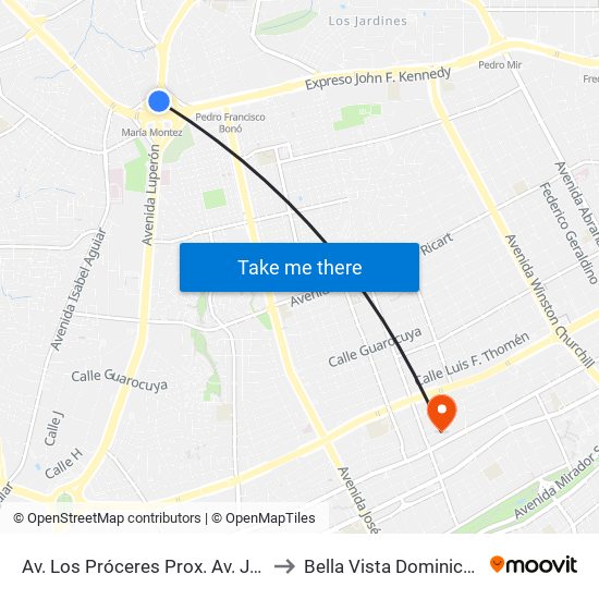 Av. Los Próceres Prox. Av. John F. Kennedy to Bella Vista Dominican Republic map
