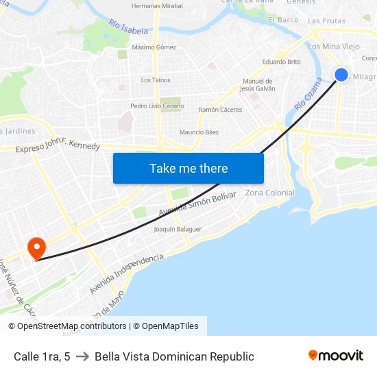 Calle 1ra, 5 to Bella Vista Dominican Republic map