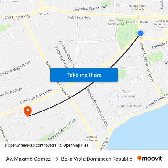 Av. Maximo Gomez to Bella Vista Dominican Republic map