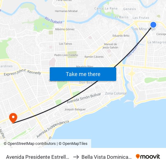 Avenida Presidente Estrella Ureña, 104 to Bella Vista Dominican Republic map
