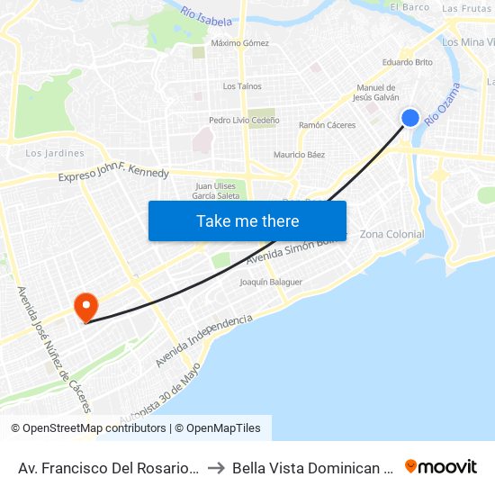 Av. Francisco Del Rosario Sanchez to Bella Vista Dominican Republic map