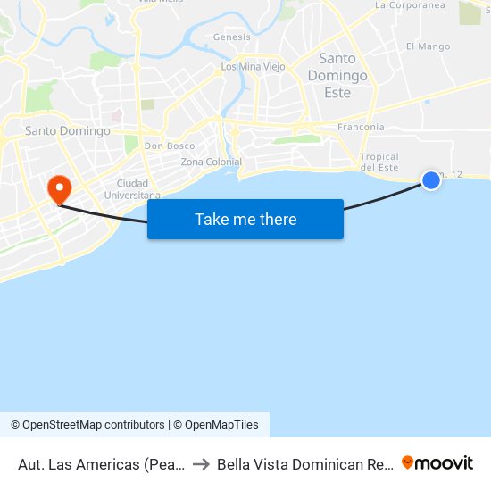 Aut. Las Americas (Peatonal) to Bella Vista Dominican Republic map