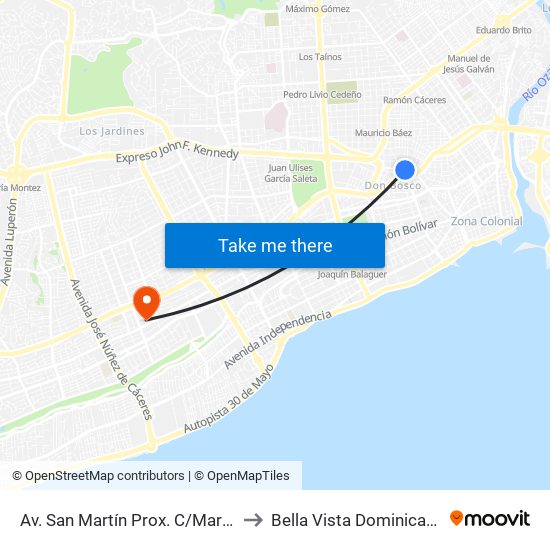 Av. San Martín Prox. C/Maria De Toledo to Bella Vista Dominican Republic map