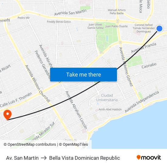 Av. San Martín to Bella Vista Dominican Republic map