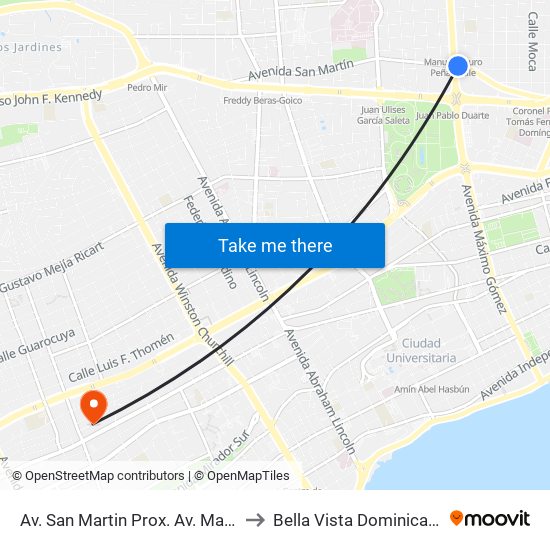 Av. San Martin Prox. Av. Maximo Gomez to Bella Vista Dominican Republic map