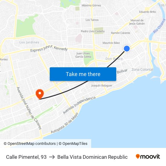 Calle Pimentel, 93 to Bella Vista Dominican Republic map