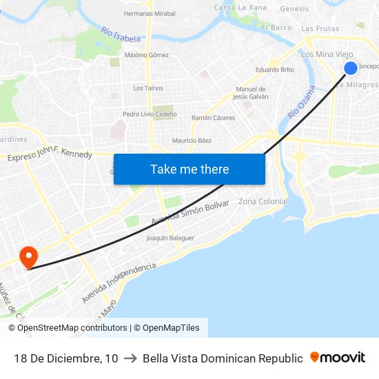 18 De Diciembre, 10 to Bella Vista Dominican Republic map