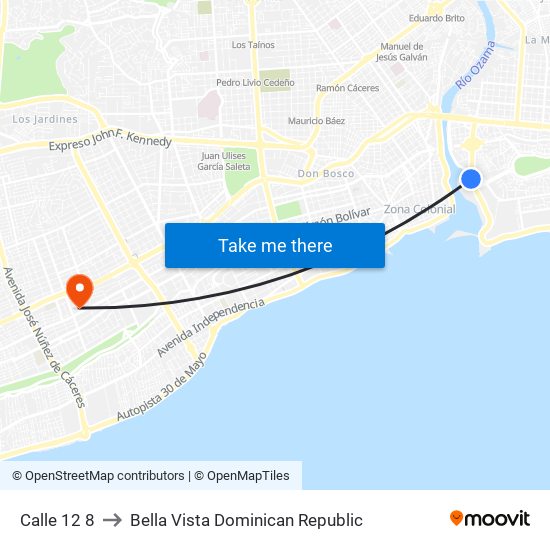 Calle 12 8 to Bella Vista Dominican Republic map