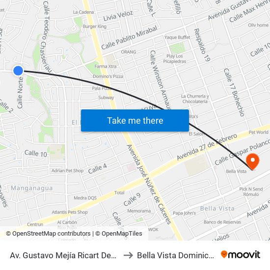Av. Gustavo Mejía Ricart Desp. C/27 Oeste to Bella Vista Dominican Republic map
