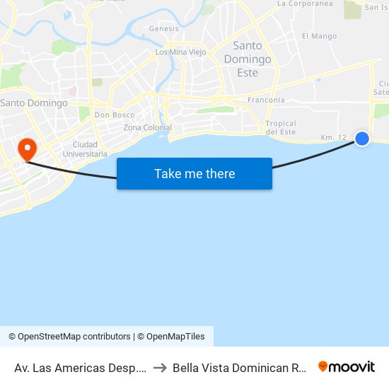 Av. Las Americas Desp. C/5ta to Bella Vista Dominican Republic map