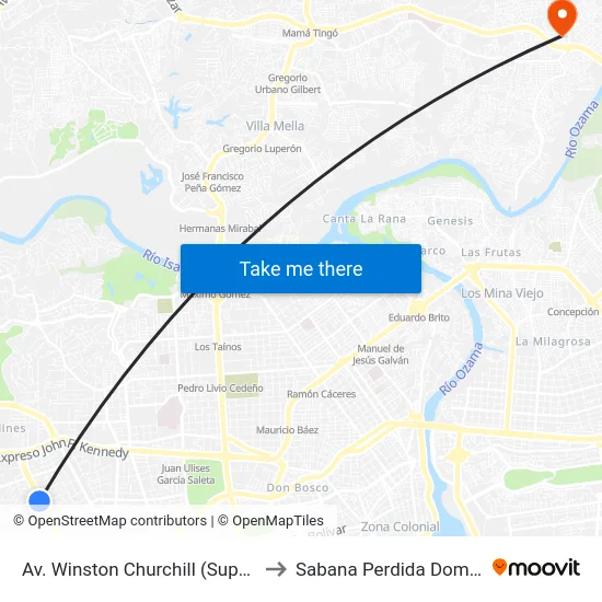 Av. Winston Churchill (Supermercados Bravo) to Sabana Perdida Dominican Republic map