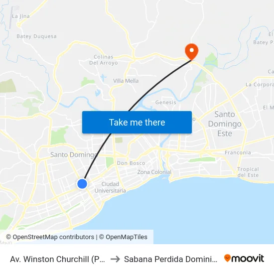 Av. Winston Churchill (Plaza Central) to Sabana Perdida Dominican Republic map