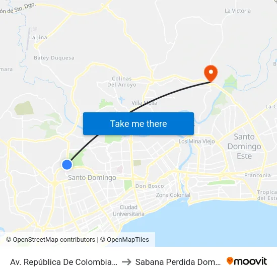 Av. República De Colombia (Jardin Botanico) to Sabana Perdida Dominican Republic map